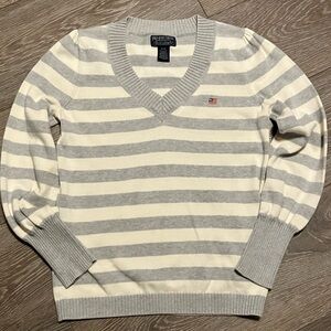 Ralph Lauren V-Neck White & Grey Striped Sweater